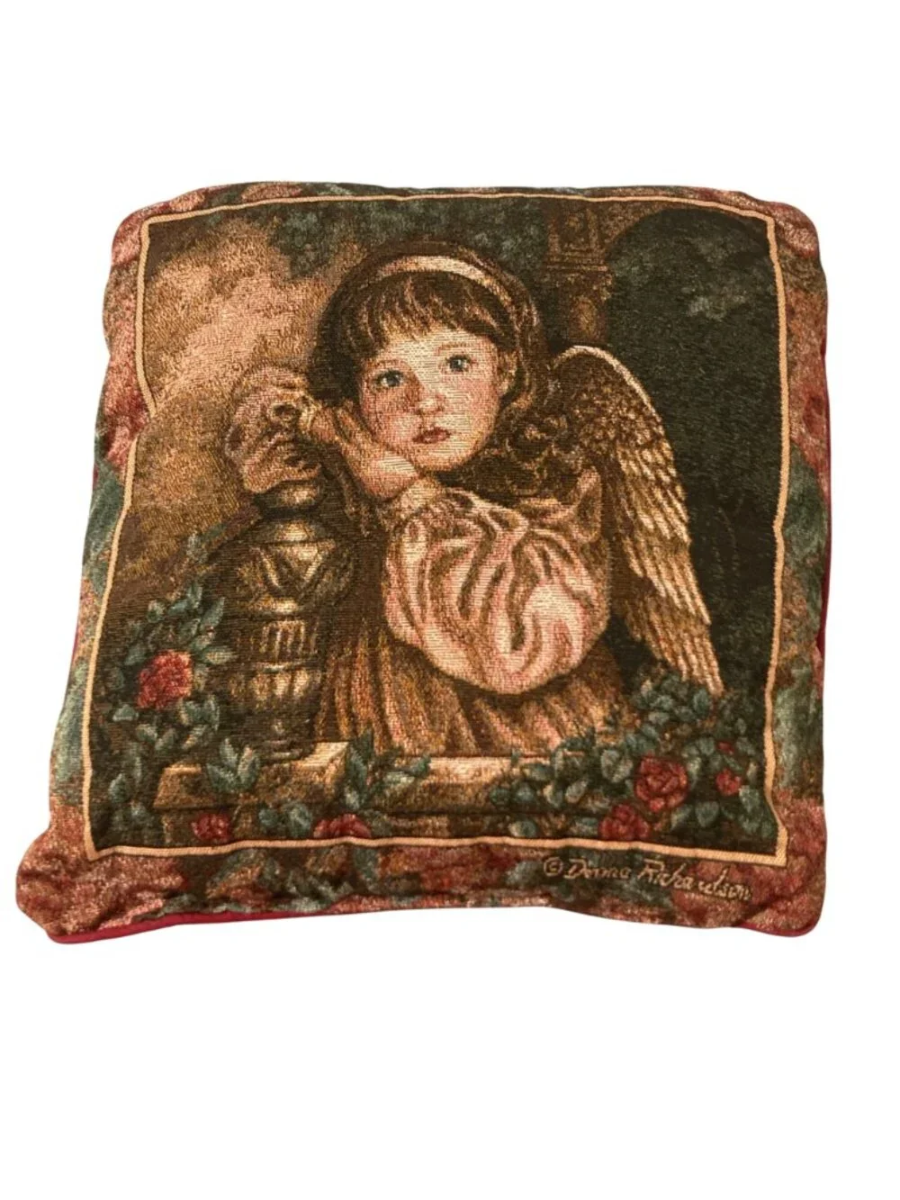 Vintage Christmas Tapestry Angel Throw Pillow By Donna Richardson 90s Decor
